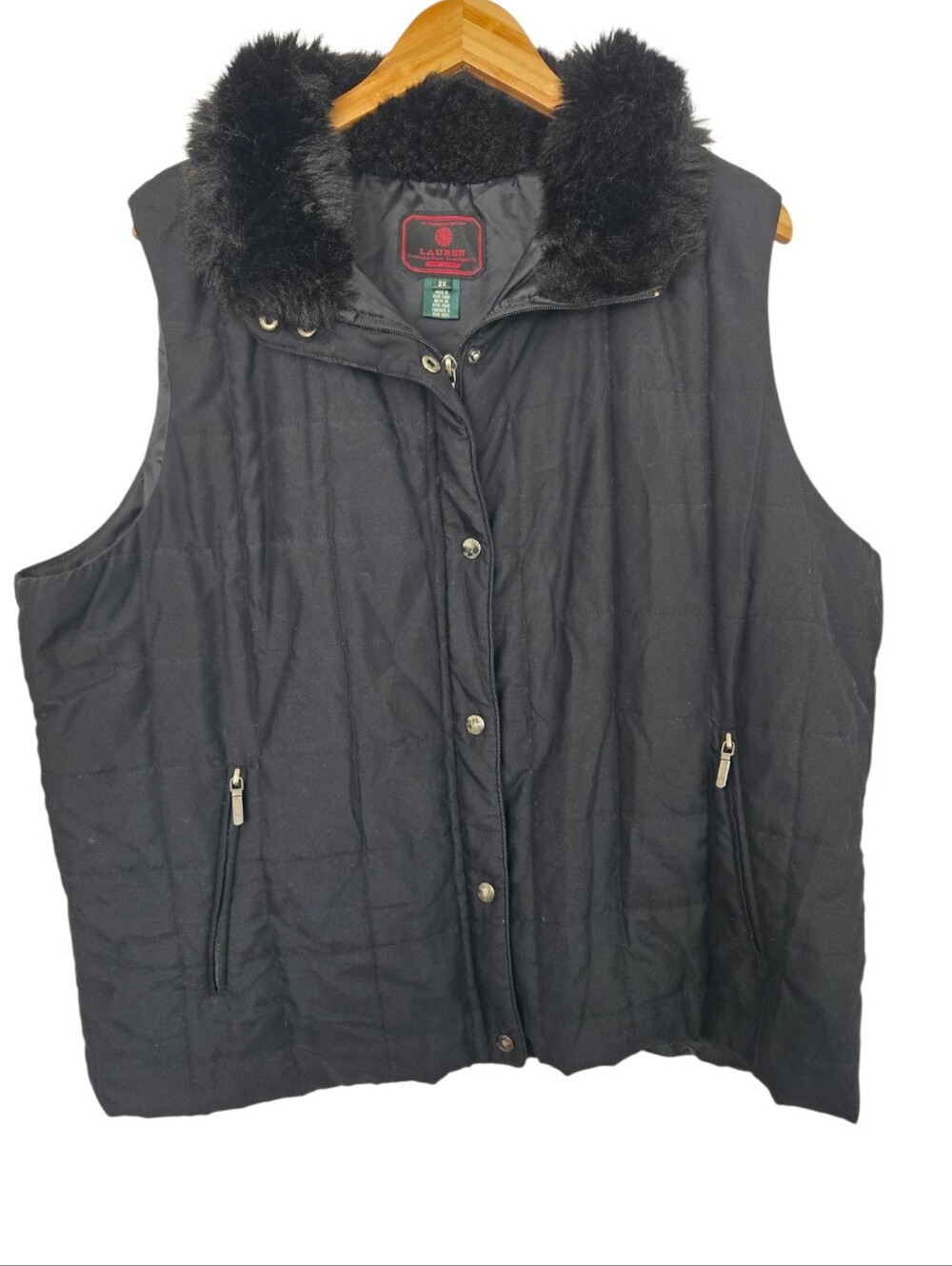 Lauren Ralph Lauren 2X Black Faux Fur Collar Quilted Vest - Picture 2 of 8